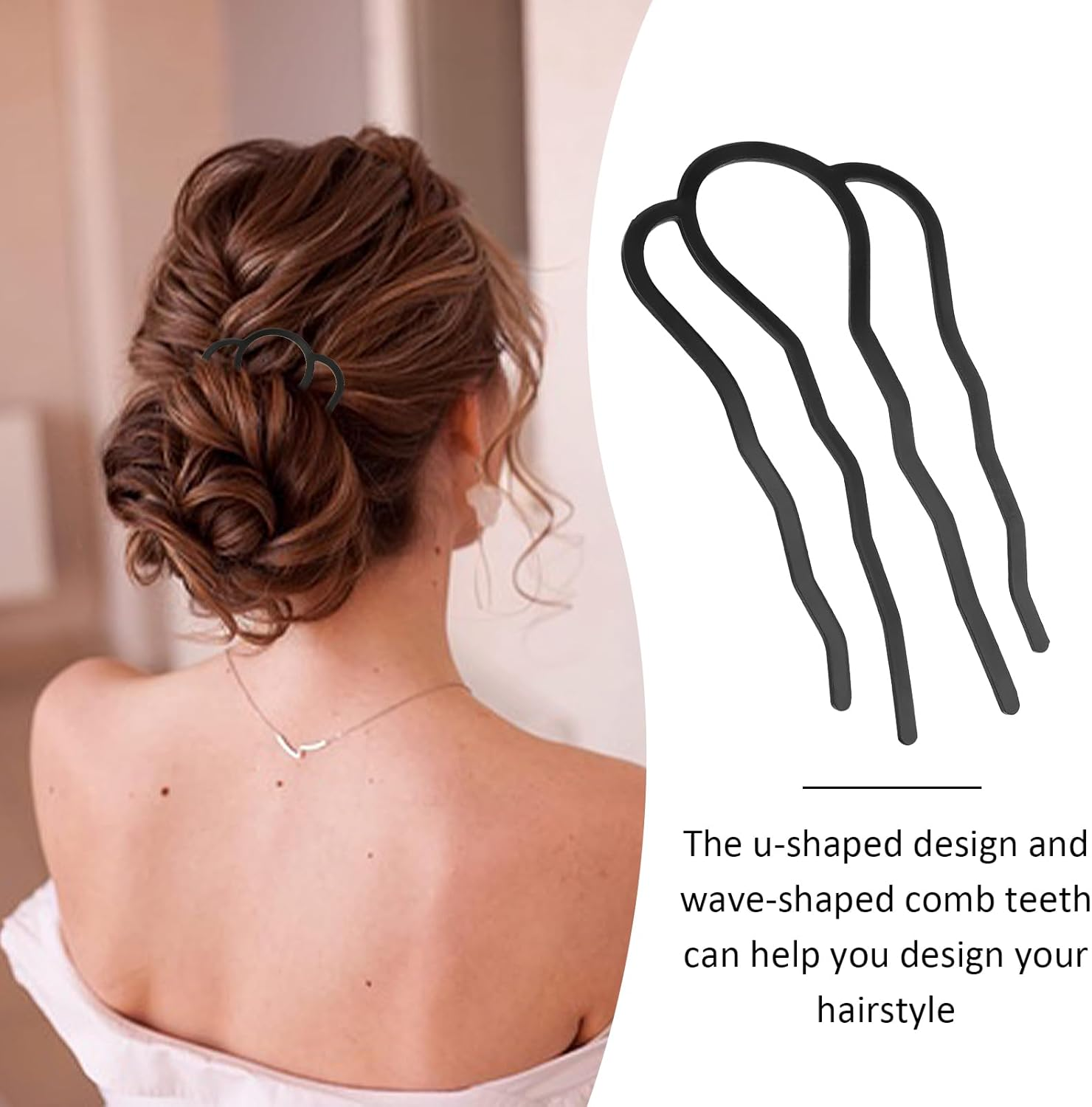 Gjinxi Hair Side Combs Metal Hair Fork Clip 4PCS French Hairpins for Buns Hairs Updo U-Shape 4 Prong Hairs Sticks Styling Tool Accessories Twist Black Headpieces for Women Decoration - Silver Tone image number 6