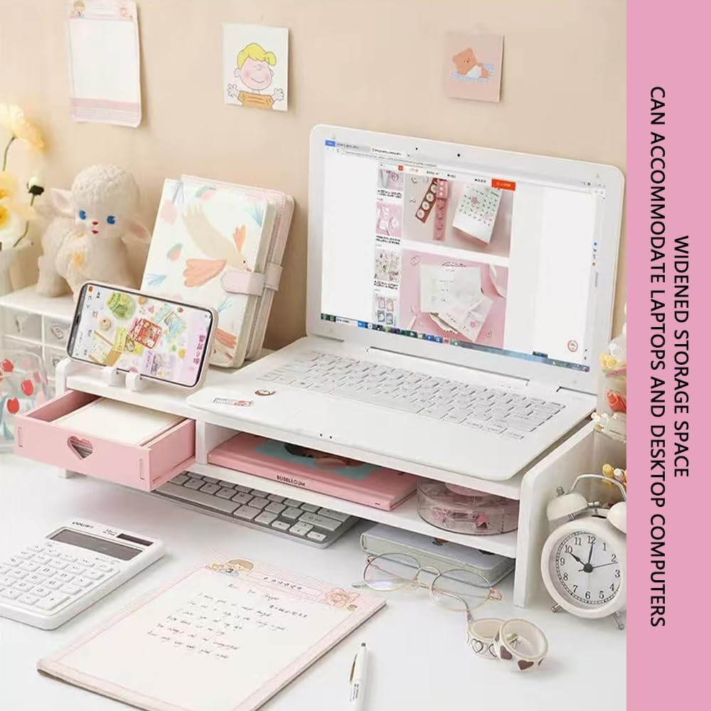 Two Tier Computer Desk Organizer Monitor Stand with Drawer, Desktop Printer Stand for PC, Laptop, Imac, Notebook, Office Desk Storage with 1 PCS Drawer image number 2