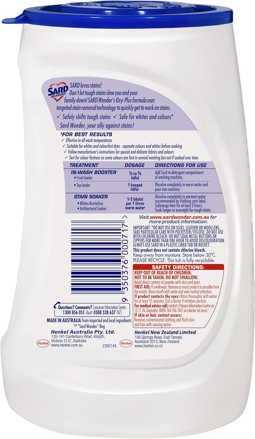 Sard Power, Stain Remover Powder, Antibacterial Soaker, In-Wash Booster, 1Kg (Pack of 2) image number 1