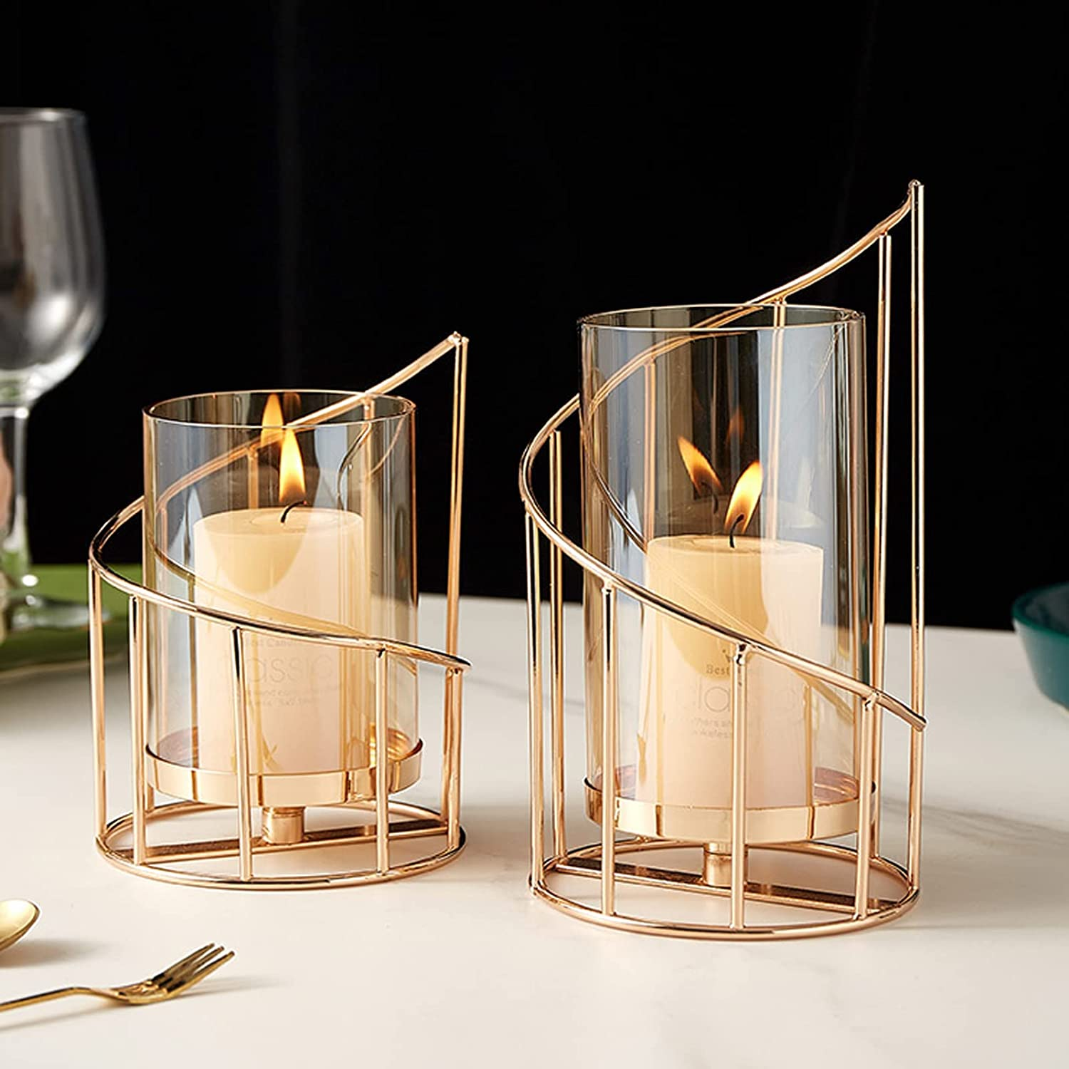 Mrmrkura Metal Wire Candle Holder Set of 2, Glass Pillar Candle Holders Gold Decorative Tea Light Candleholders for Home Decor Table Decorations Centerpiece (Spiral) image number 6