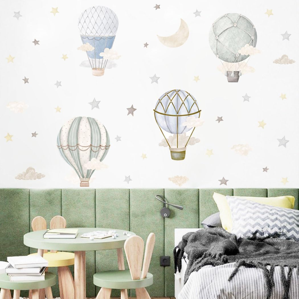 Watercolor Hot Air Balloon Wall Decals, Stars Clouds Balloon Vinyl Wall Stickers, Peel and Stick Colorful Artwork for Nursery Bedroom Toddler Room Playroom Decor
