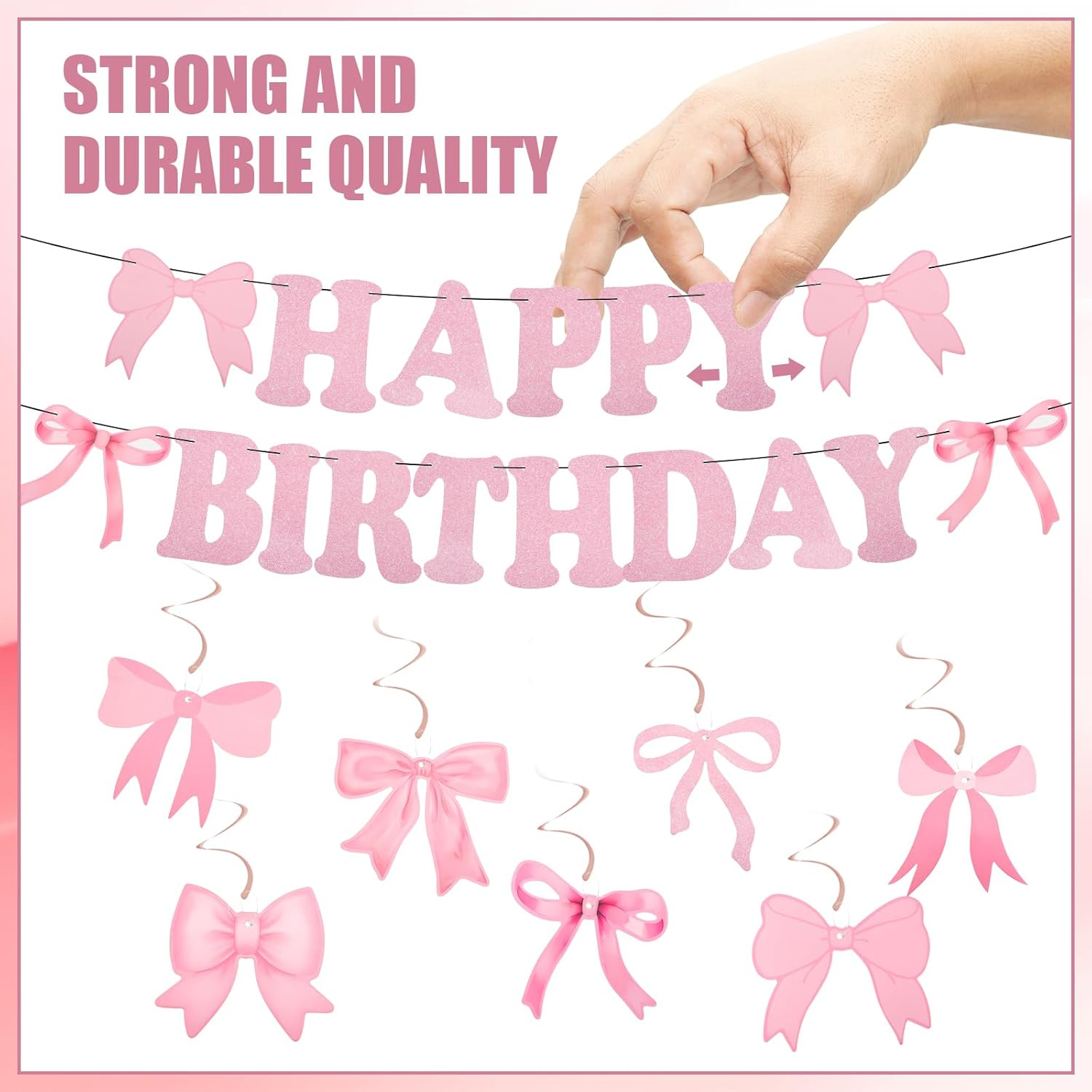 Bow Happy Birthday Banner, Pink Bow Birthday Garland Bow Birthday Banner for Women Girls Birthday Party Decoration image number 3