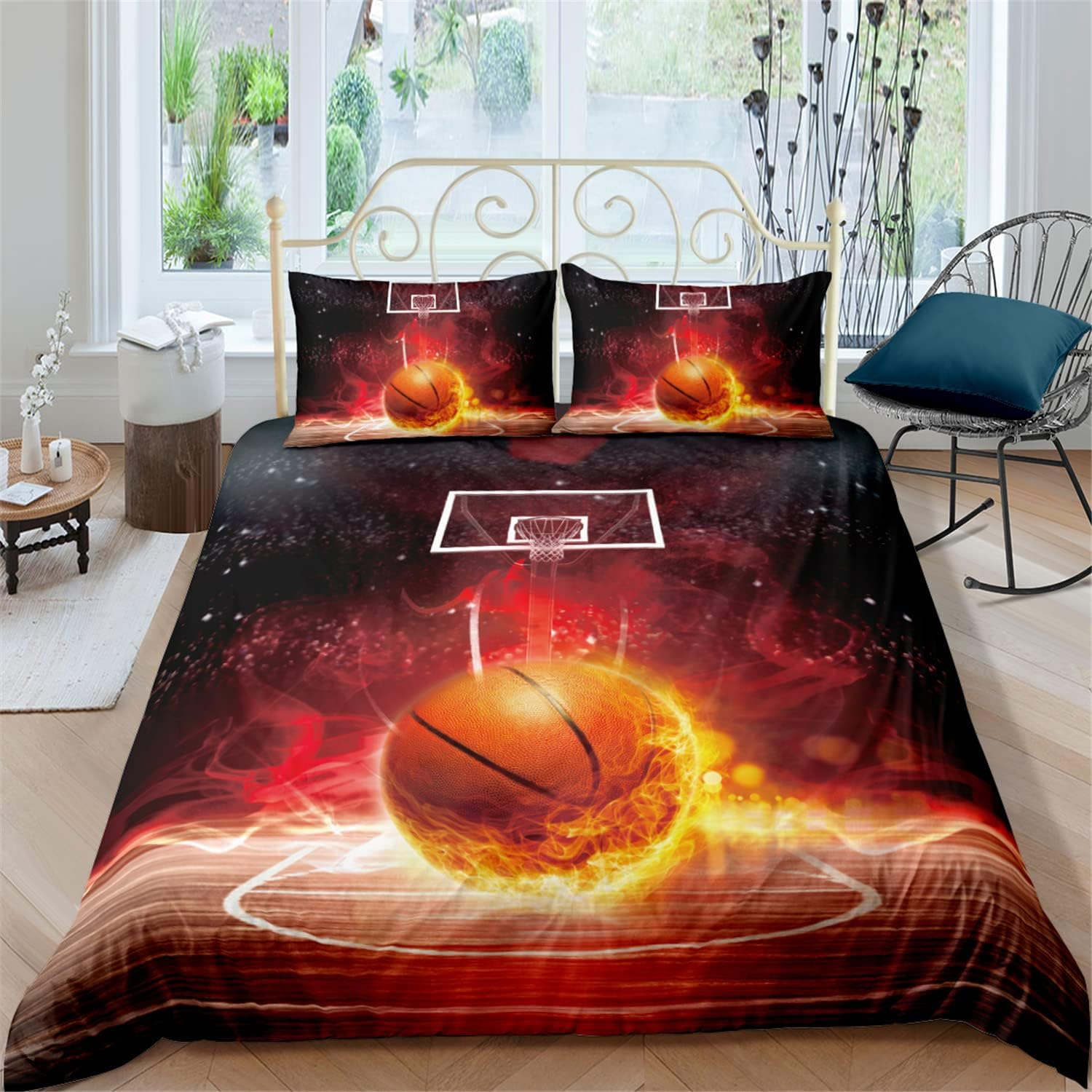 Eveone Duvet Cover Basketball Single/Double/Queen/King Size Bed Sheets Pillowcase Set Cartoon Ball Boy Dunk Sport Fire Orange Game Black Kid Astronaut Bedding 3/4PCS (Double-180 * 210Cm-3Pcs,1)