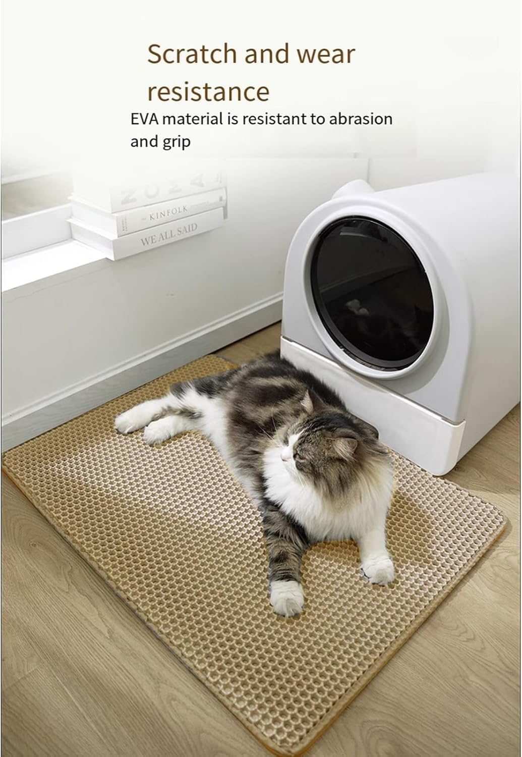 METOY Cat Litter Mat Large,35"X24" Litter Trapping Mat,Honeycomb Design for Scatter Control,Easy to Clean Litter Box Mat, Waterproof,Urine-Proof,Non-Slip Kitty Litter Mats for Floor (Khaki) - Grey image number 6