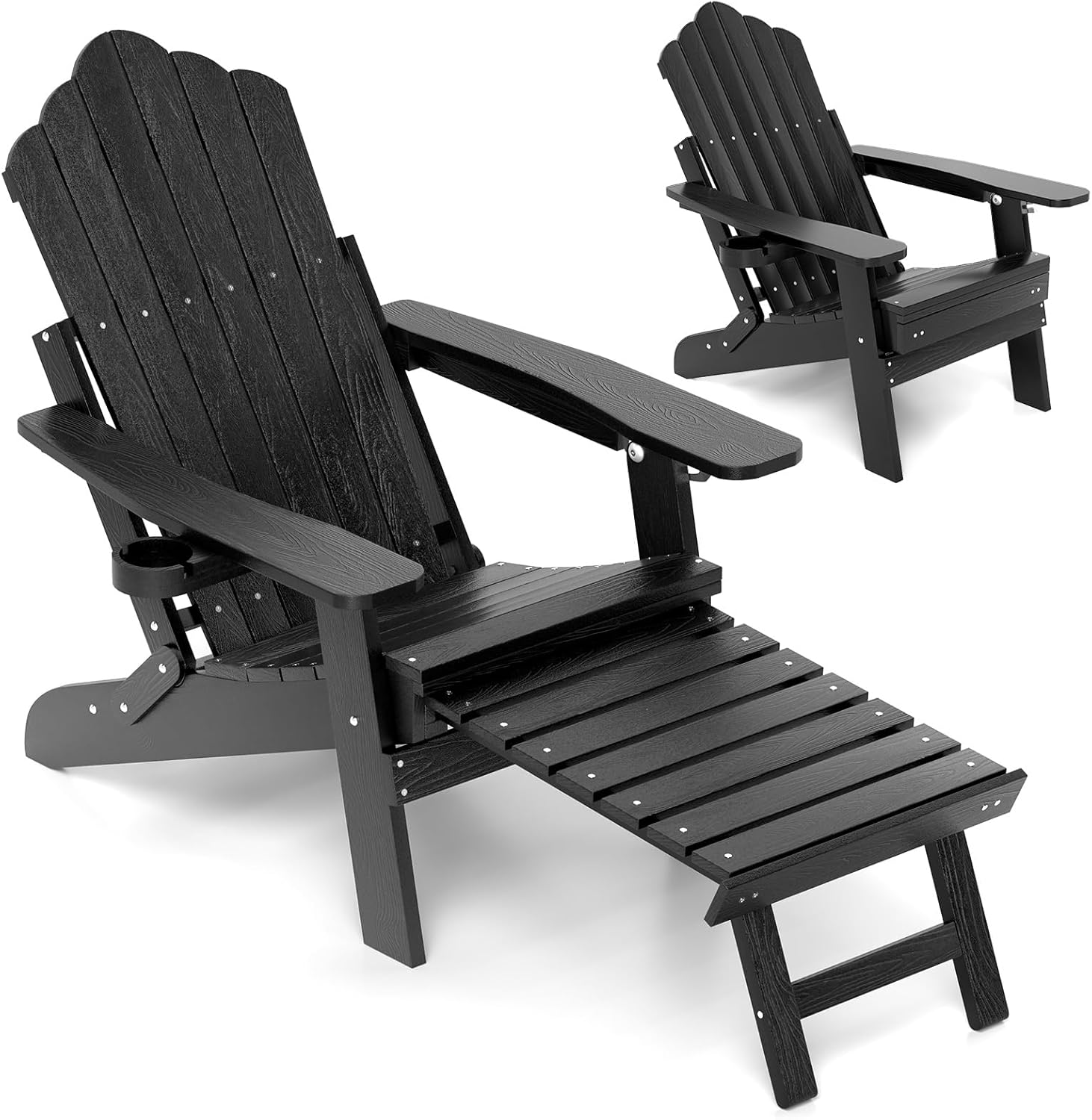Costway Patio Adirondack Chair, All-Weather HIPS 180Kg Loaded Lounge Chair W/Retractable Footrest & Adjustable Backrest, Outdoor Folding Adirondack Chaise Lounge for Lawn, Backyard (Black)