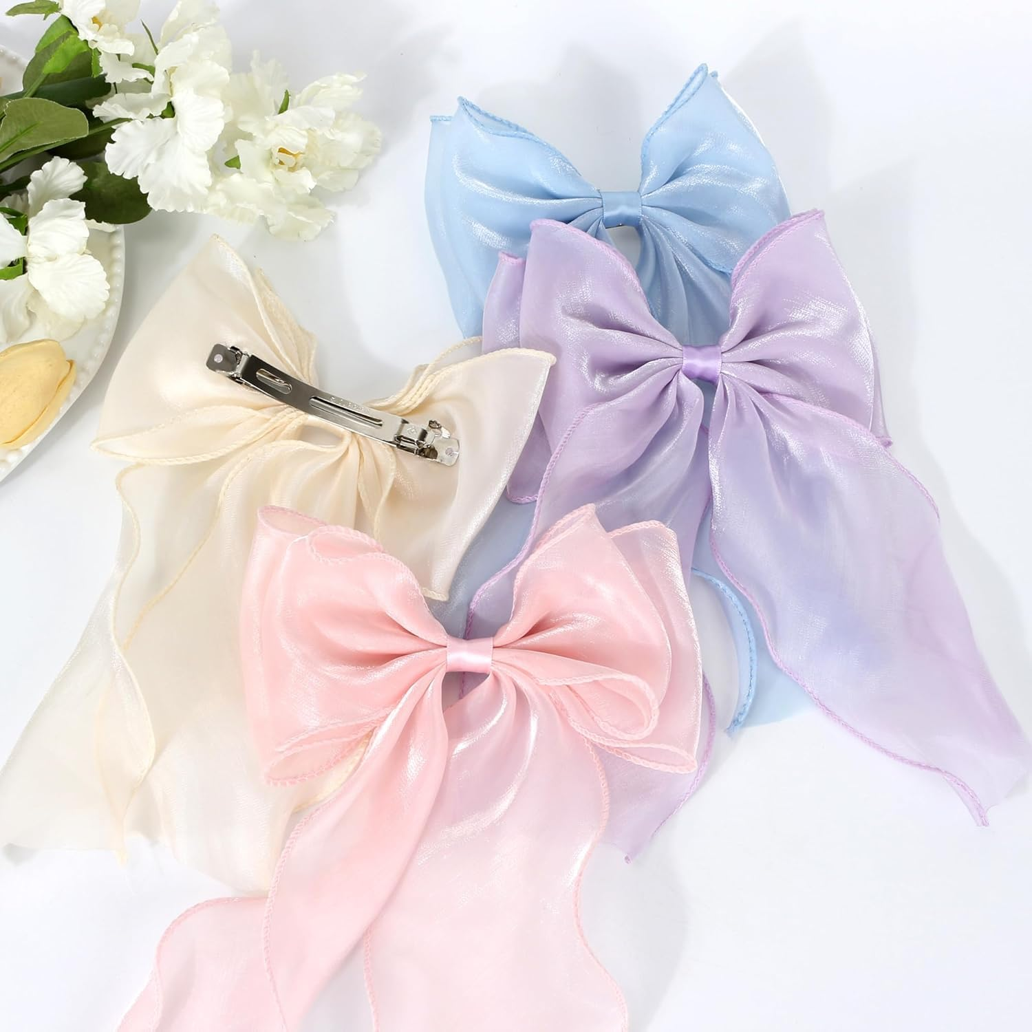 4Pcs Large Hair Bow Clips Set, White Pink Blue Purple Silk Yarn Ribbon Hair Barrettes for Women, Elegant Long Tail Bowknot French Hairstyle Accessories for Wedding, Parties, Festivals