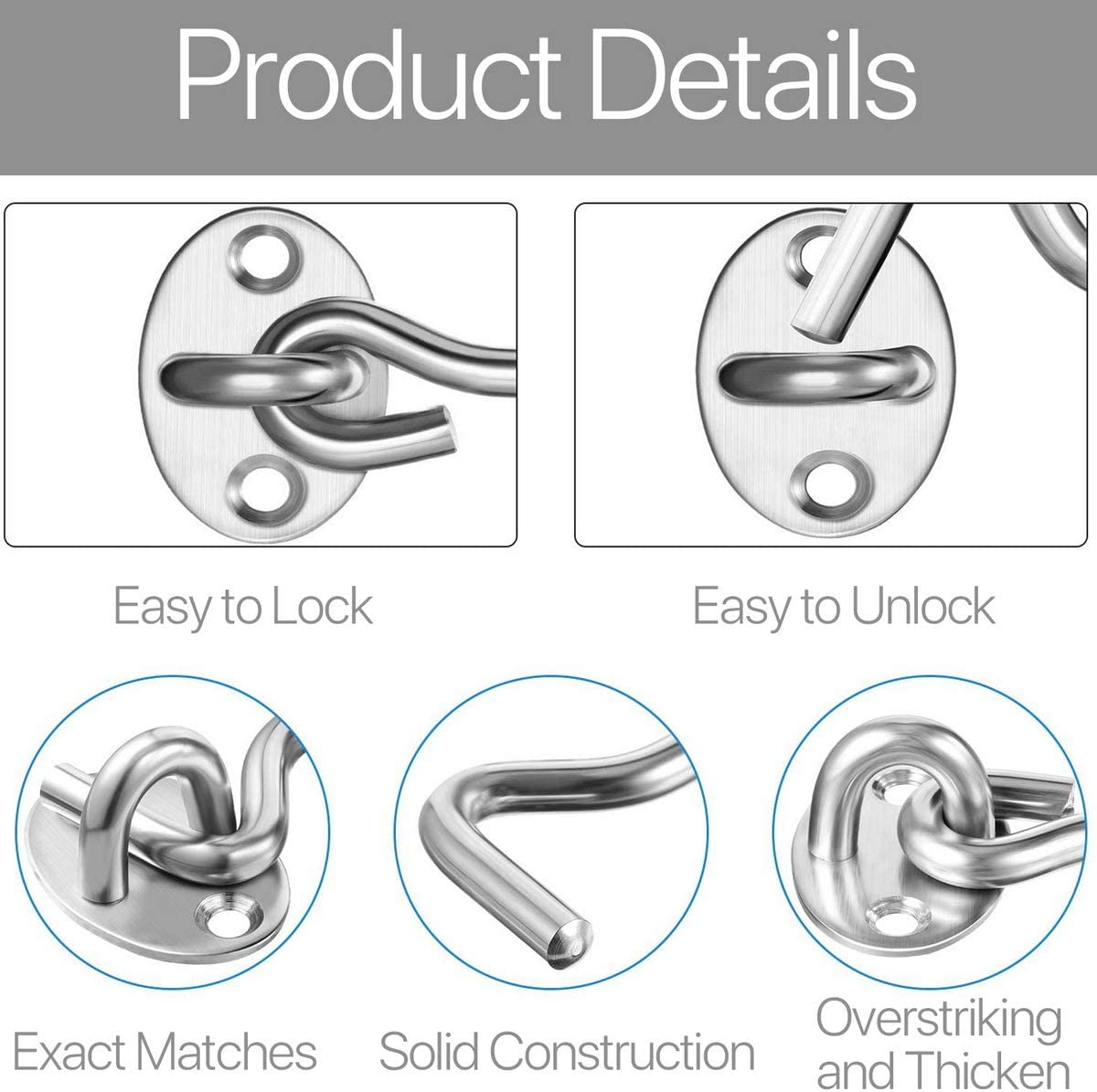 Hook and Eye Latch, 3 Pack Barn Door Latch, Heavy Duty Solid Thicken Stainless Steel Gate Latch Lock, Add More Security and Privacy for Barn Door, Window (4'') image number 5