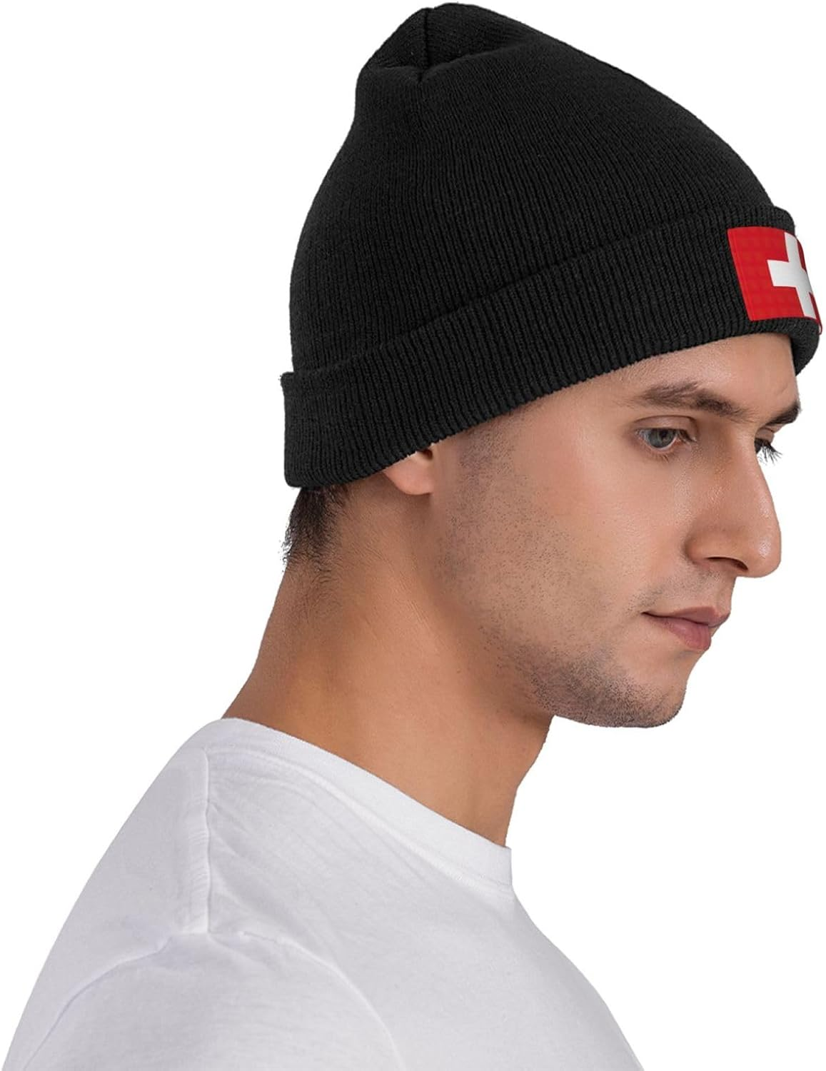 DRTGEDS Swiss Flag Winter Beanie for Men Women,Warm Lined Beanie Soft Warm Knit Hat Cuffed Cap for Cold Weather - Black image number 2