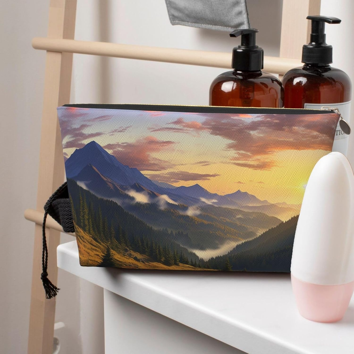 SDTYKHJ Large Capacity Makeup Bag for Women, Waterproof Portable Shaving Bag, Small Toiletry Bag Mountain Sunset Landscape Leather Cosmetic Organizer Bags for Travel, Gold, One Size image number 3