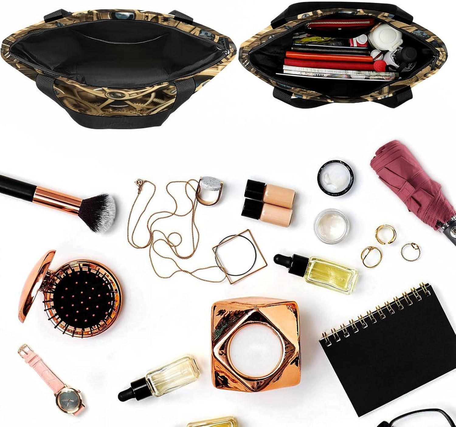 Tote Bag for Women Shoulder Bag with Zipper Cool Steampunk Gears Handbag for Travel Work Grocery Bag, Style, One Size, Style, One Size image number 5