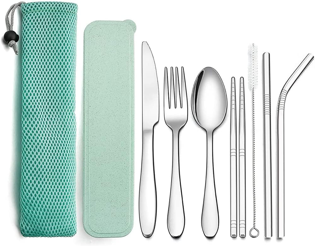 8PCS Portable Stainless Steel Straw Tableware Dinnerware Travel Camping Cutlery Green image number 5