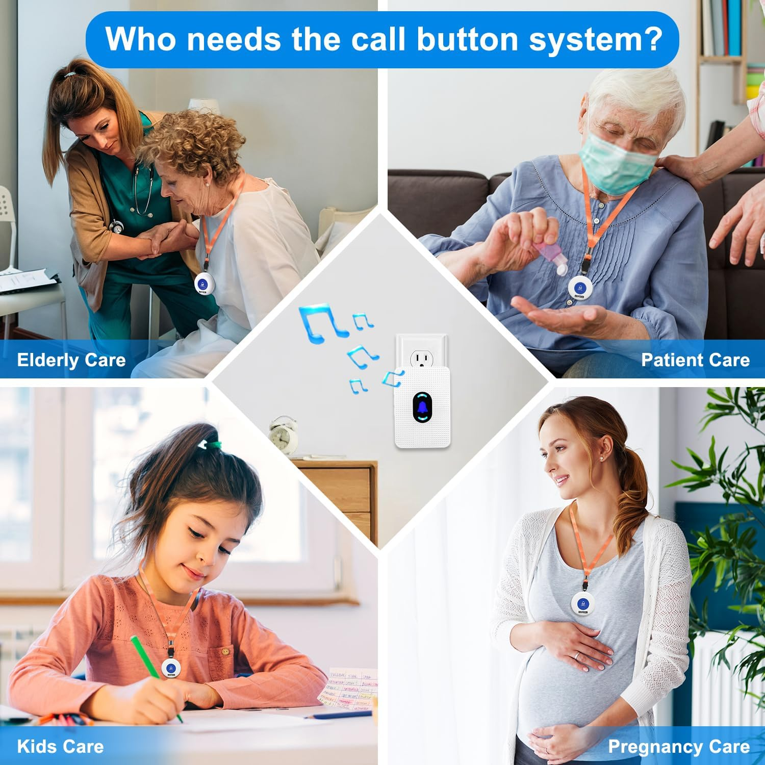 Wireless Caregiver Pager Alert System SOS Call Button for Patient Elderly Personal Home Attendant Nurse Seniors and Disabilities, 2 Receivers & 2 Portable Transmitters