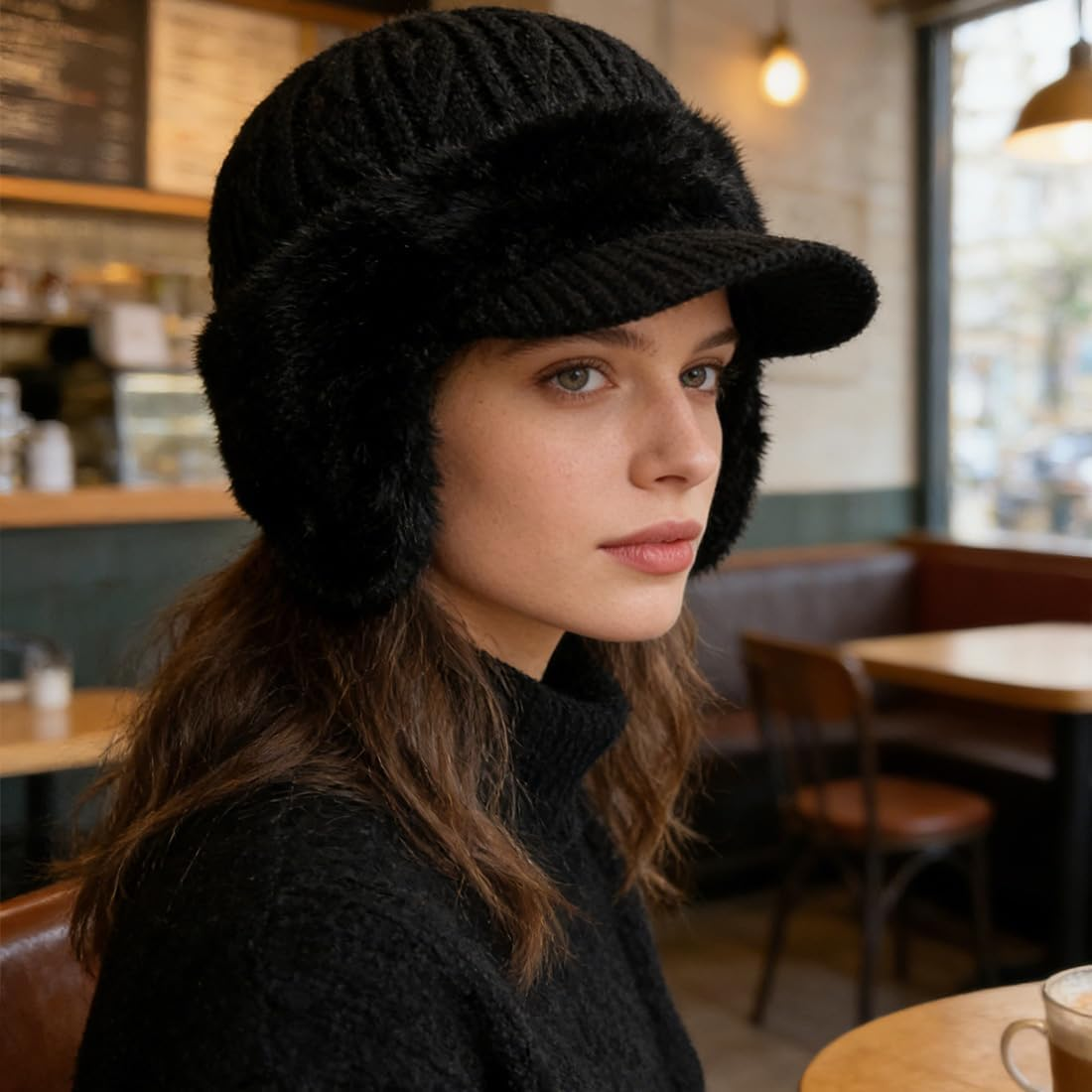 Blocking Knitted Hats with Ear Flaps and Wool Brim, Winter Fleece Lined Warm Baseball Beanie Knit Hat for Men&Women - 2Pcs-A image number 6