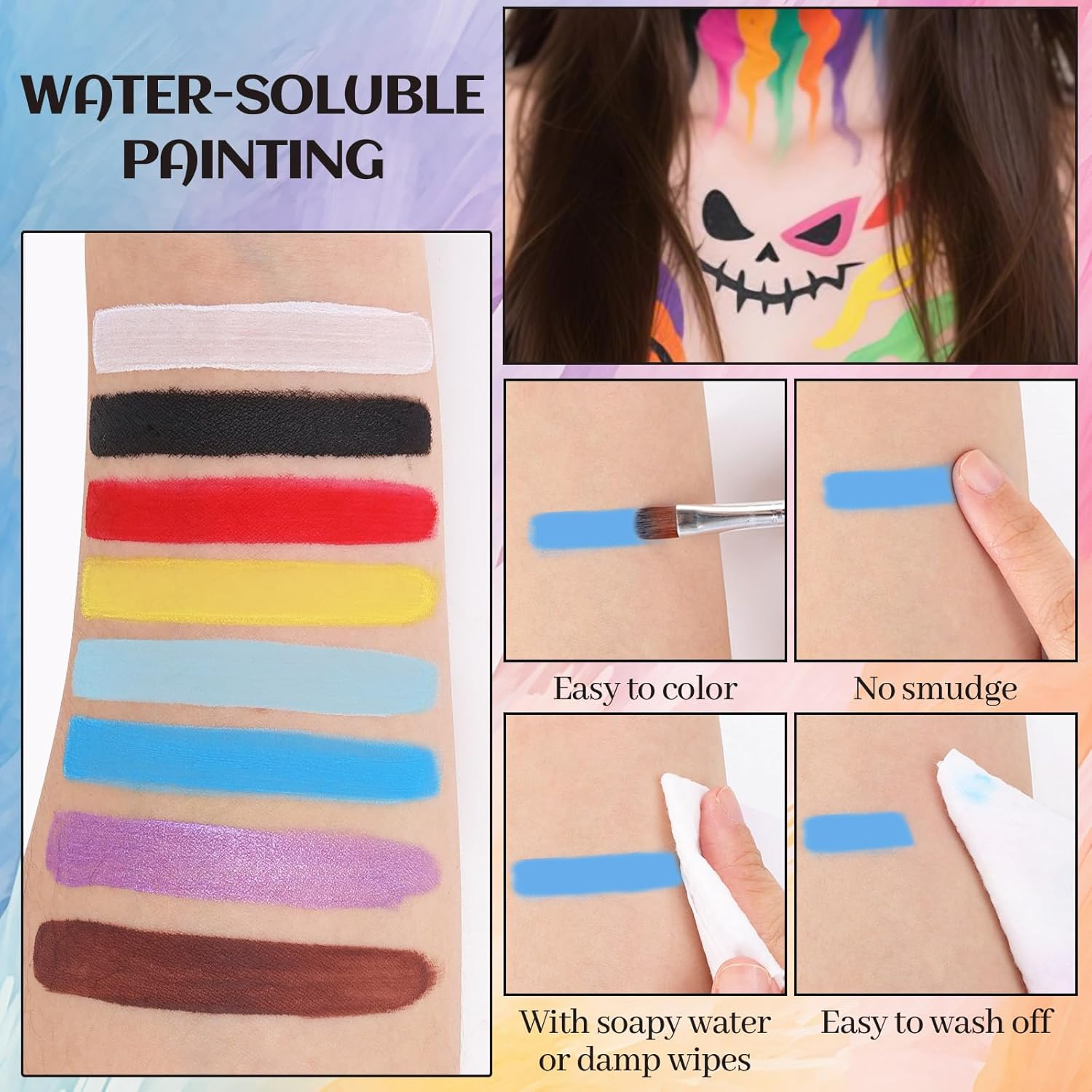 YBUETE White Face Body Painting,Water-Based Face Face Paints Makeup Palette for Adults Party,Professional Non Toxic Painting for Halloween SFX Skeleton Vampire Joker Zombie Goth Cosplay Makeup - Blue image number 6