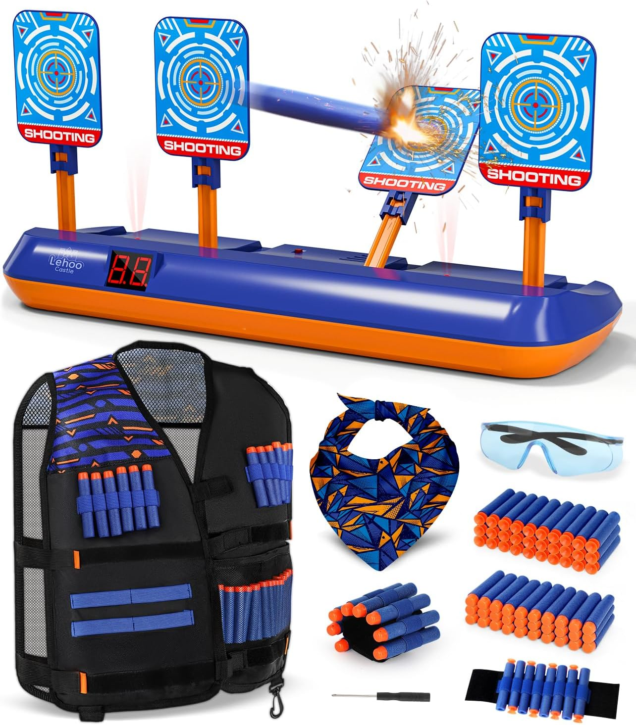 Lehoo Castle Electronic Shooting Target for Nerf Gun Foam, Digital Target 4 Dart, Tactical Vest Kit for Boys and Girls