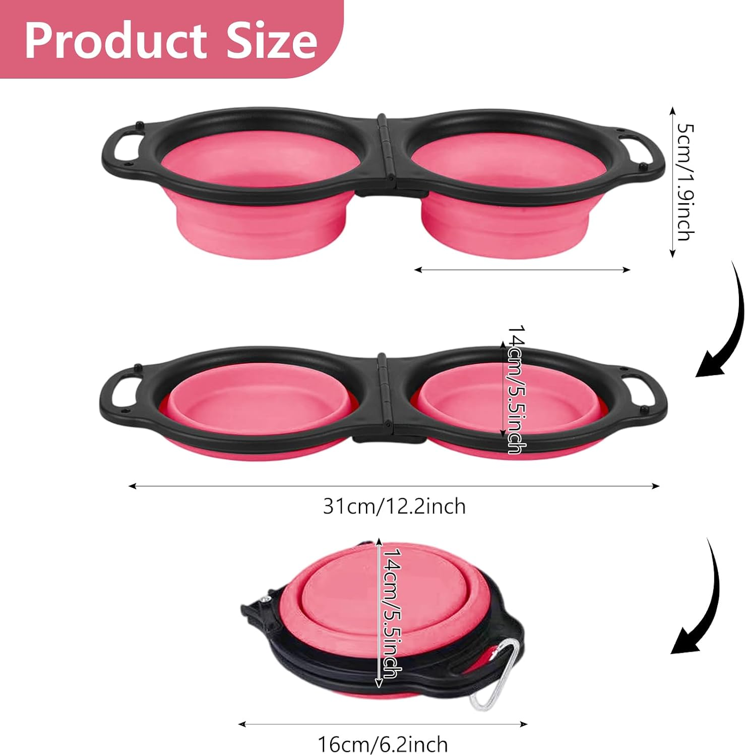 Collapsible Dog Food Water Bowl, 2 in 1 Silicone Double Bowl, Portable Travel Pet Feeder Bowl, Expandable Pets Bowl with Carabiner for Walking, Traveling, Hiking, Camping (Pink, Size-1) image number 4