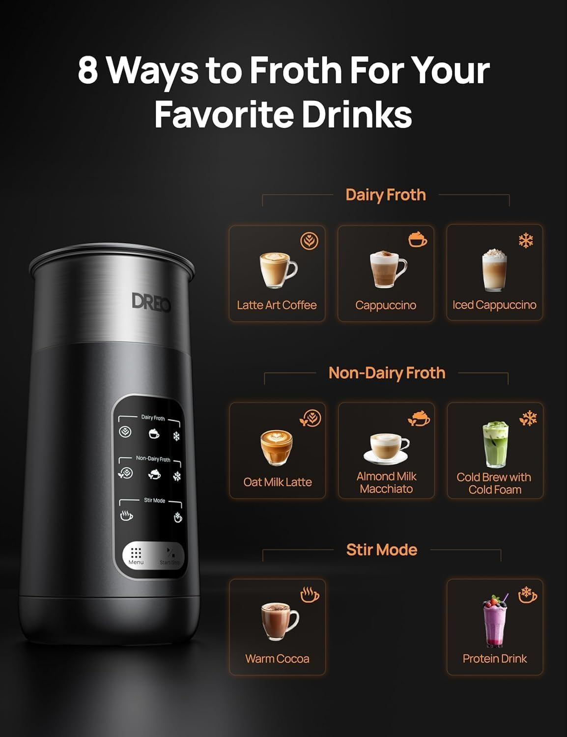 Dreo Milk Frother, 8-In-1 Electric Frother for Latte Art Coffee, 9Oz/270Ml Hot and Cold Foam Frother, Automatic Milk Warmer for Dairy and Non-Dairy Milk with LED, Easy to Clean, Baristamaker Air - Gray image number 5