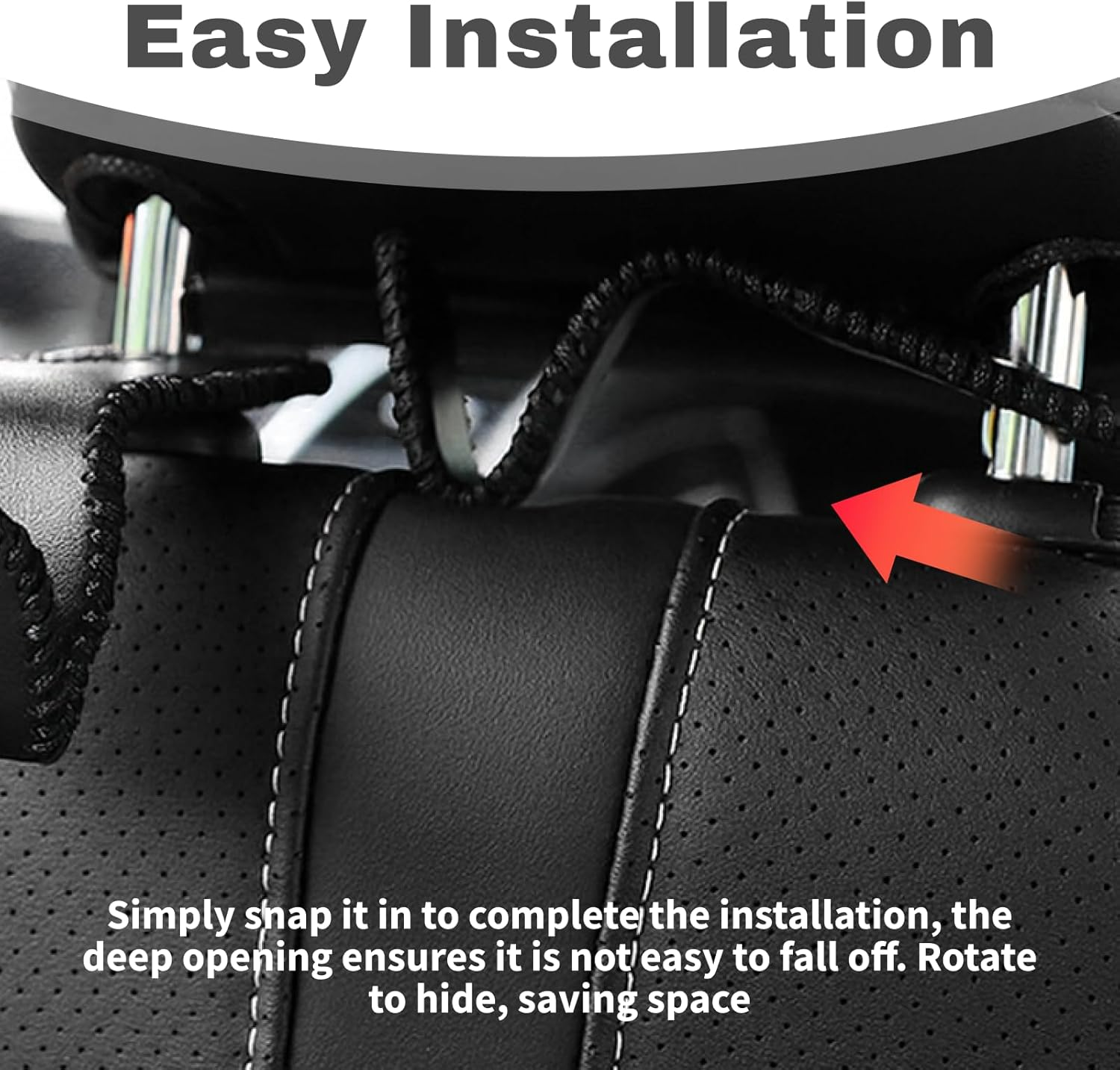 Universal Car Hooks for Back Seat Headrest, Microfiber Leather & Stainless Steel Hanger Holder for Bags, Purses, Cloth, Drinks, Groceries, Strong & Sturdy Design (Black, 2 Pack) image number 3