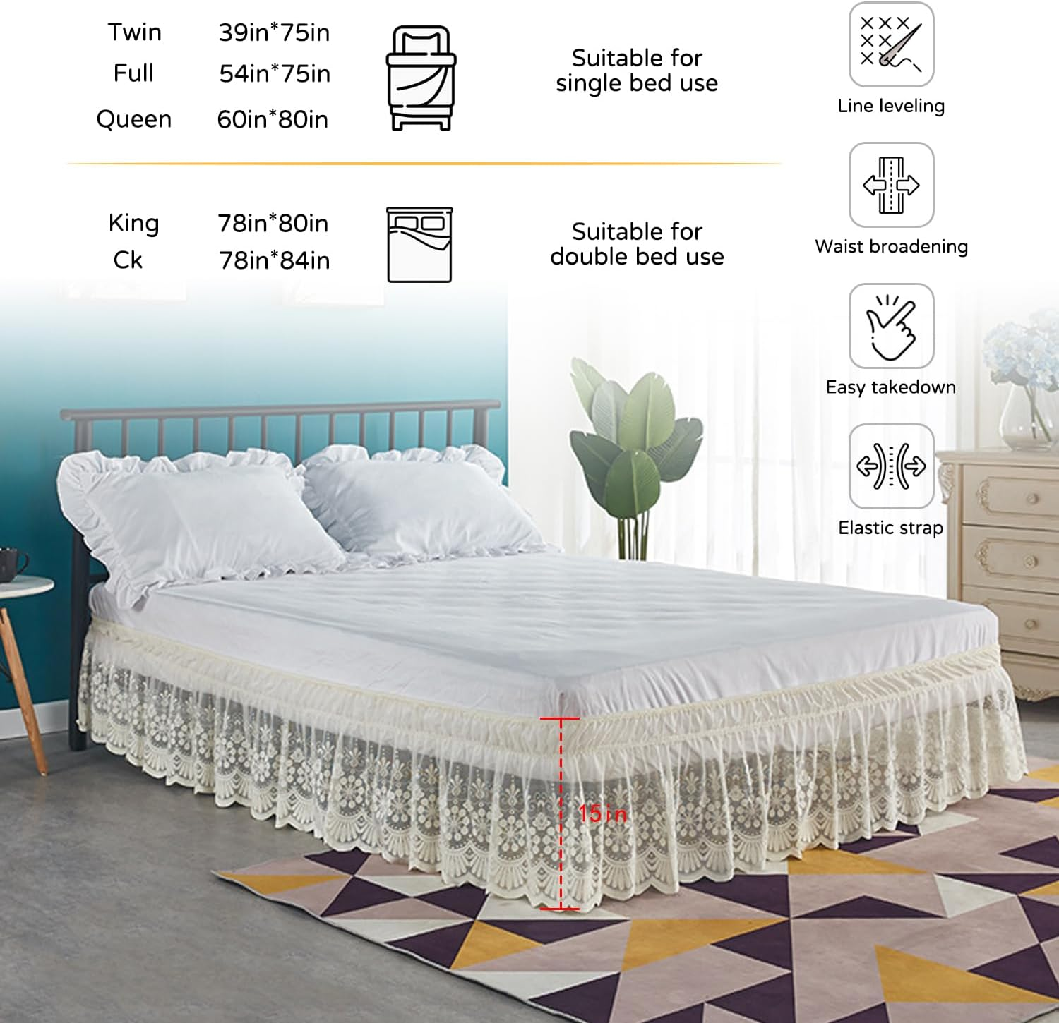 15" Drop Lace Bed Skirt for Twin/Full/Queen/King Bed, Elastic Dust Ruffle Bedskirt Wrap around Bed Skirt - 3 Sides of Bed image number 3