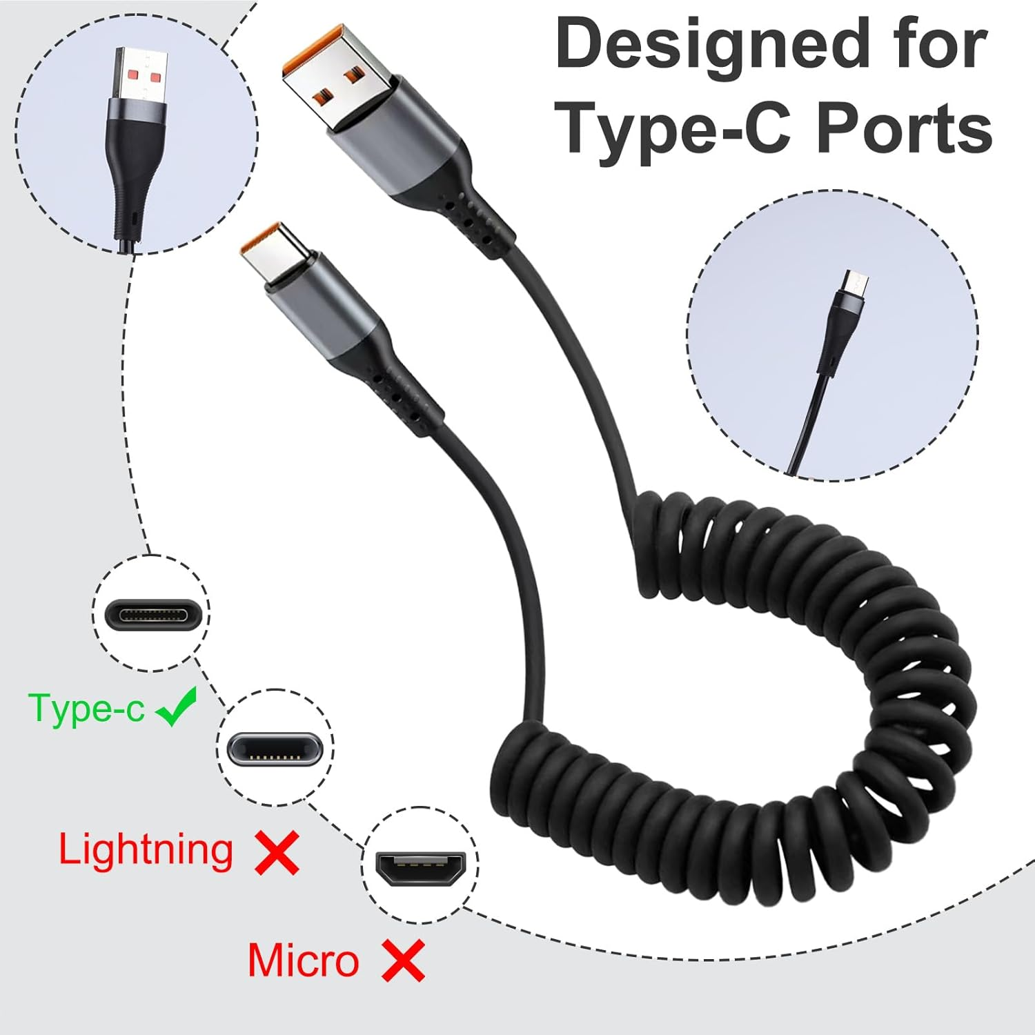 Coiled USB C Cable 120W 2-Pack, 1M USBA to USBC Fast Charging Car Cord with Extra Durability & Data Sync for Iphone 17/16/15, Galaxy S25/S24, Ipad, Macbook, Carplay and Android Auto image number 3