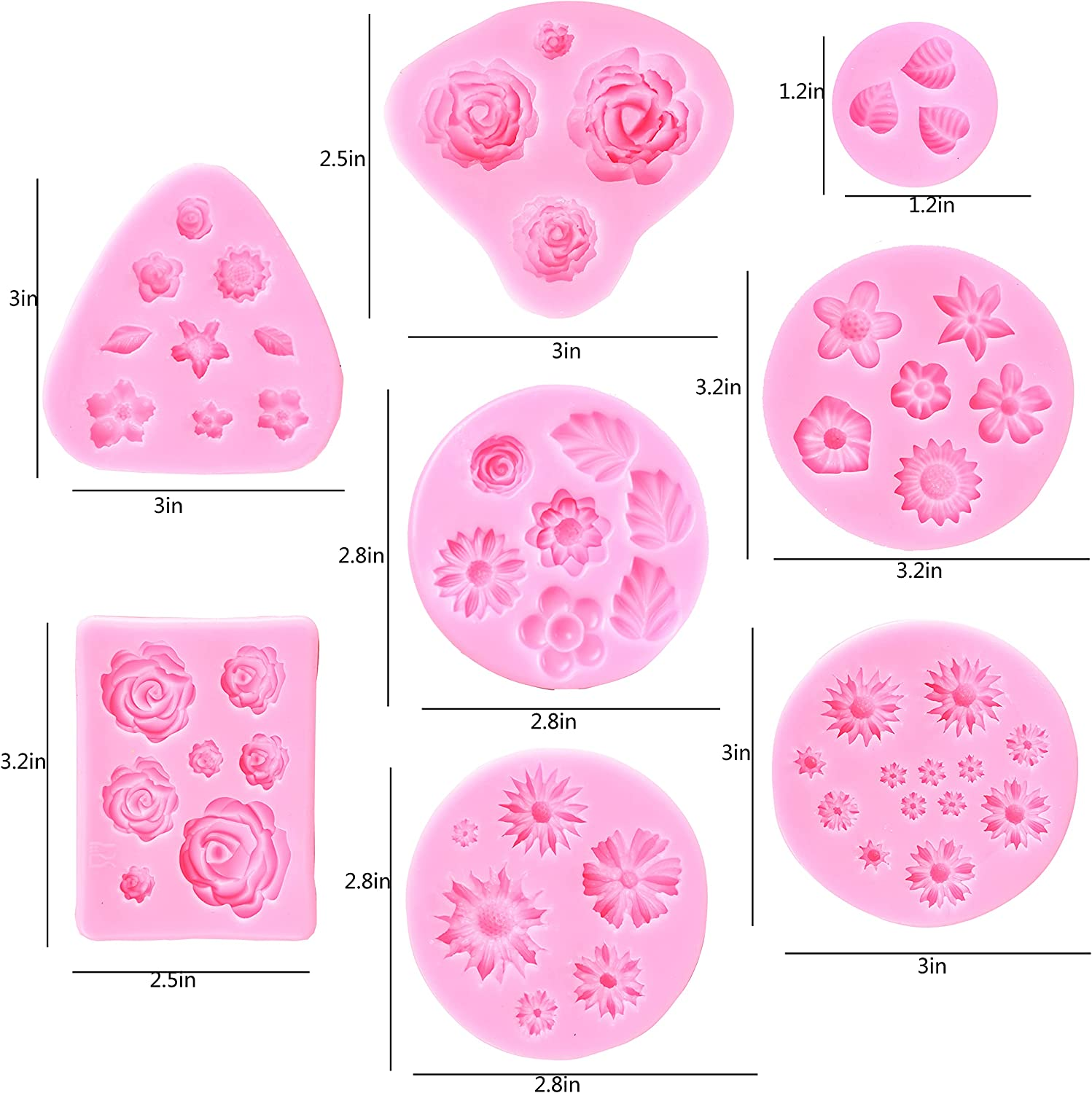 Flower Fondant Cake Molds-8 Pcs-Daisy, Rose, Chrysanthemum and Small Flower Leaf, Candy Silicone Molds for Chocolate Fondant Polymer Clay Soap Crafting Projects & Cake Decoration