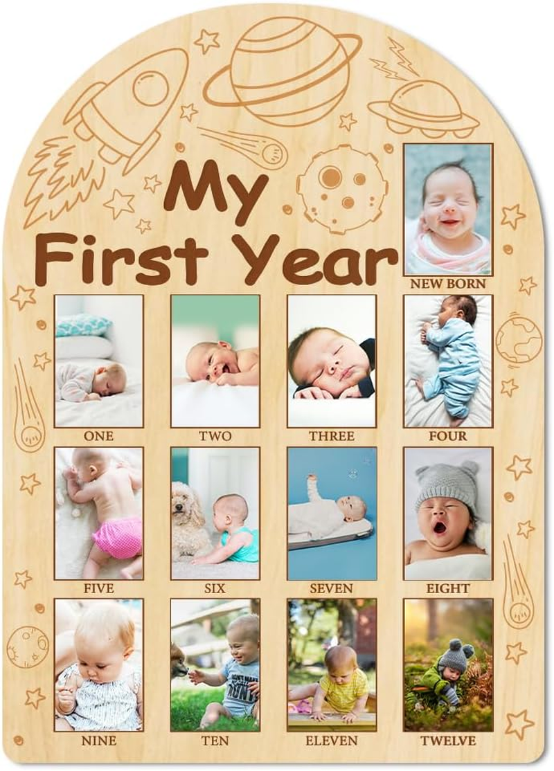 ORIGACH My First Year Baby Growth Photo Display Wood Board - 12 Months Newborn Milestones Photo Board - Neutral Baby Keepsake Board 1St Birthday Party Nursery Decor New Mom Gift - Space image number 3