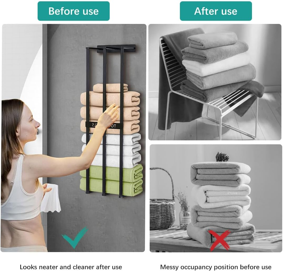 Bath Towel Bars,Towel Racks for Bathroom Wall Mounted, Towel Storage, Metal Bath Towel Holder for Folded Large Washcloths (Black) image number 5