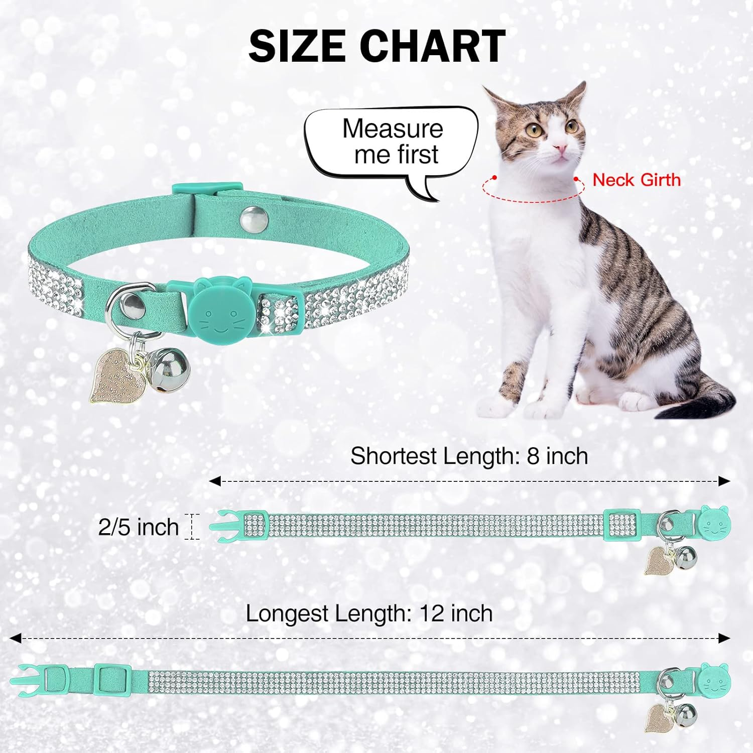 DILLYBUD Rhinestone Cat Collar Breakaway with Bell, Diamond Cat Collar with Safety Buckle Quick Release for Girl Boy Small Kitten Pets Puppy,Cute Soft Female Male Cat Collars, Color Green 8-12" image number 2