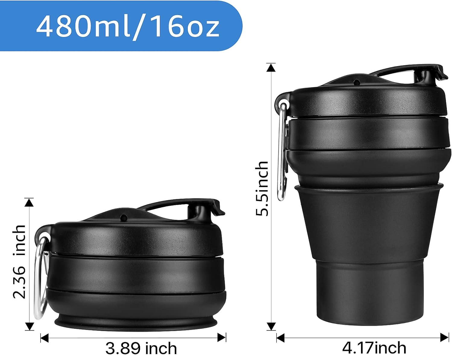 2PACK Collapsible Coffee Cup, 16 OZ 480Ml Silicone Folding Camping Mug, Leak Proof BPA Free Portable Sport Bottle with Lids for Hiking, Microwave & Dishwasher Safe (Black) image number 5