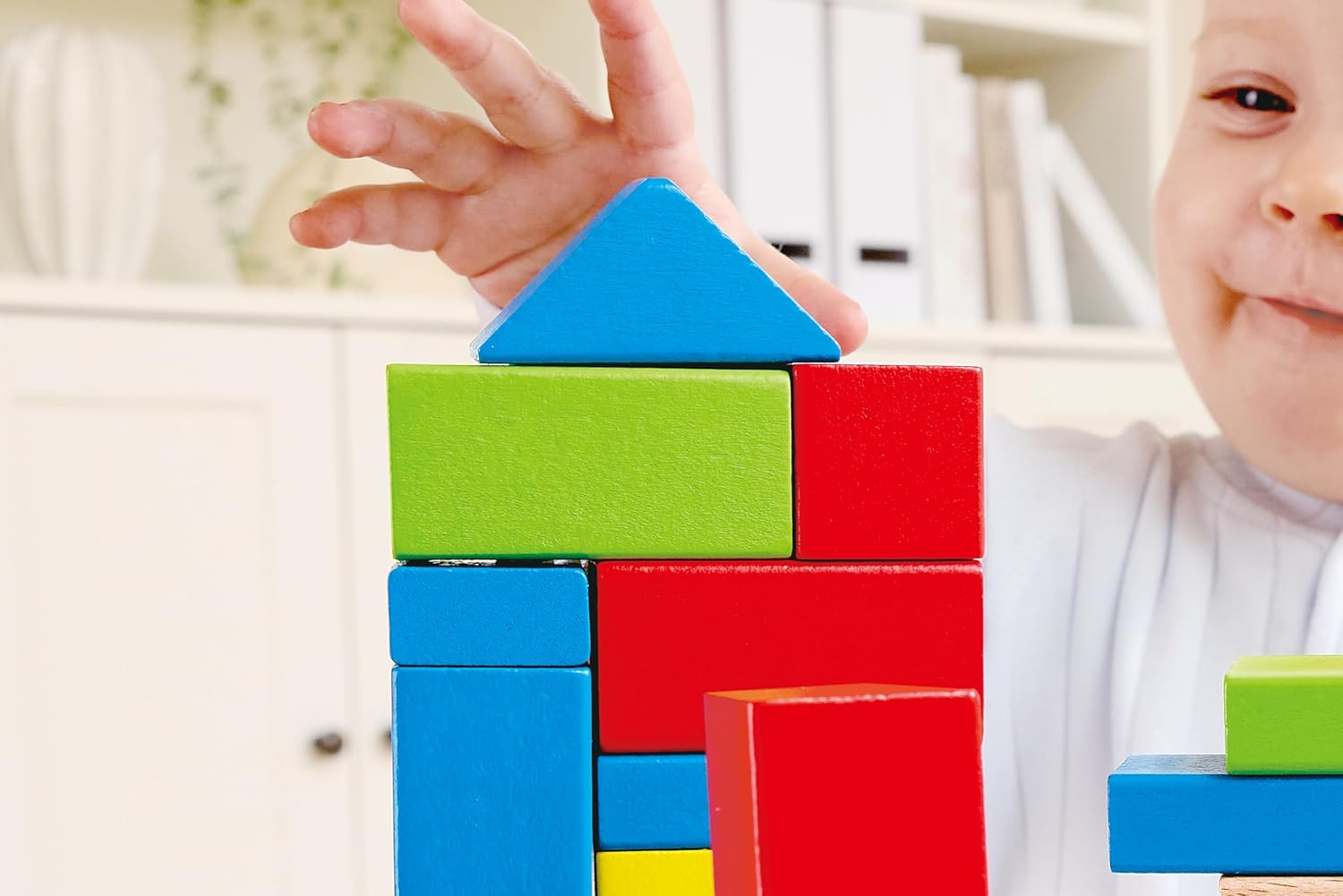 Maple Wood Kids Building Blocks by Hape | Stacking Wooden Block Educational Toy Set for Toddlers, 50 Brightly Colored Pieces in Assorted Shapes and Sizes image number 1