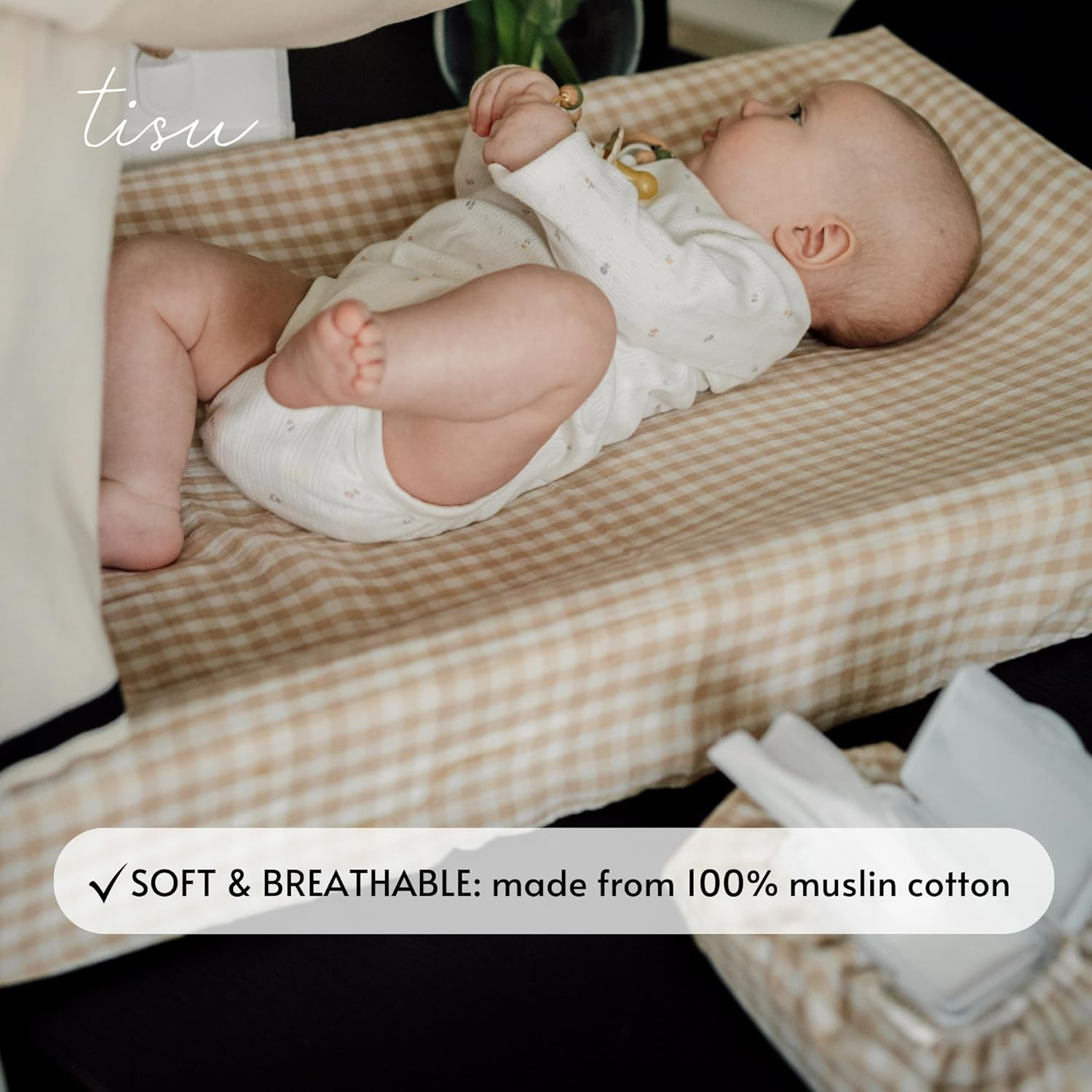 Baby Wipes Cover &ndash; Universal Size, One Size Fits All Wipes Packages | Muslin Cotton Tissue Cover for Nursery, Diaper Bag & Changing Table, Station | Gingham & Neutral Patterns (Beige Gingham) image number 6