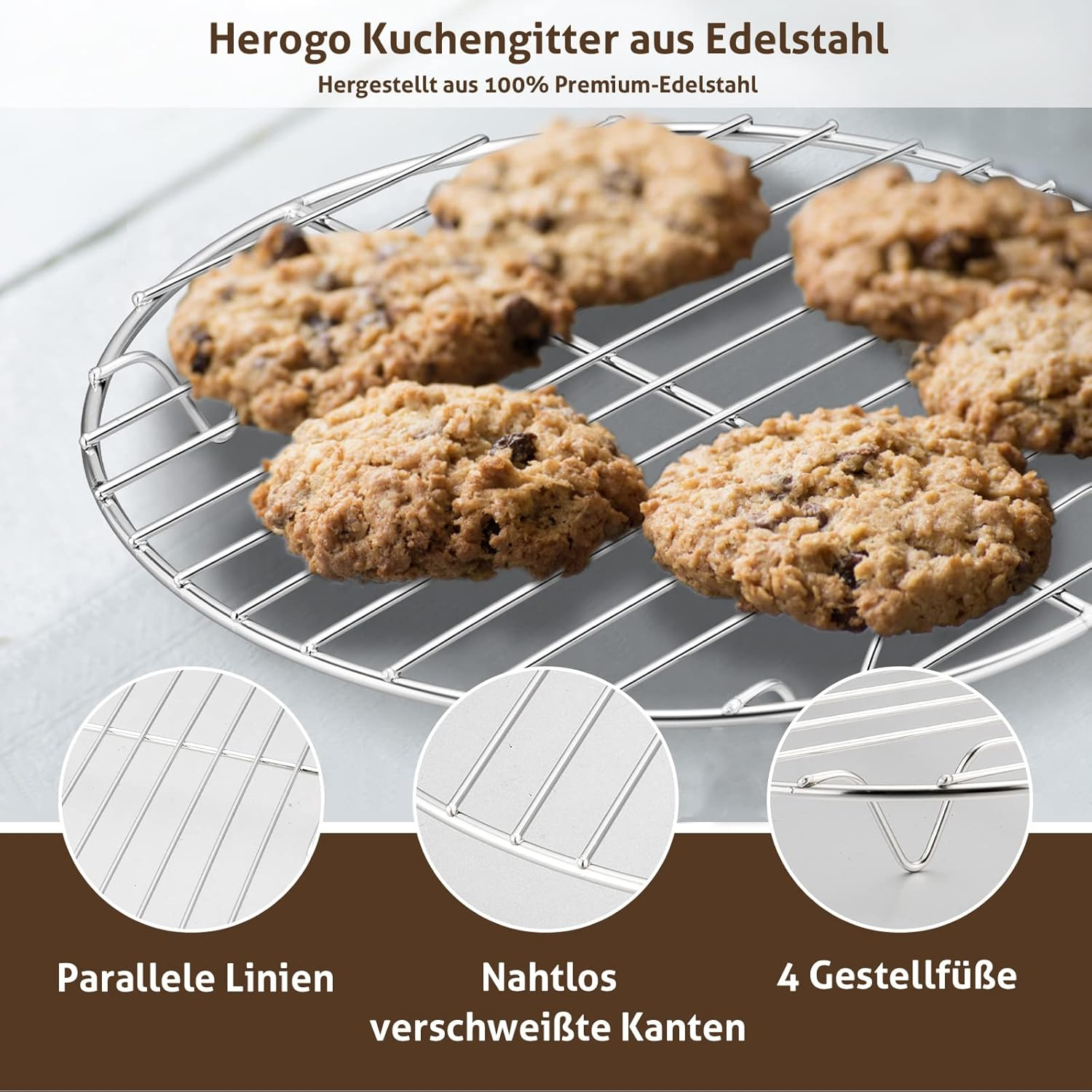 Herogo Cake Rack, Pack of 2 Cake Rack, Cooling Rack Made of Stainless Steel, round Cooling Rack for Cooling, Baking, Cooking, Steaming, Rustproof & Smooth Edge, Oven and Dishwasher Safe, Metal Silver, Diameter 23 Cm image number 4