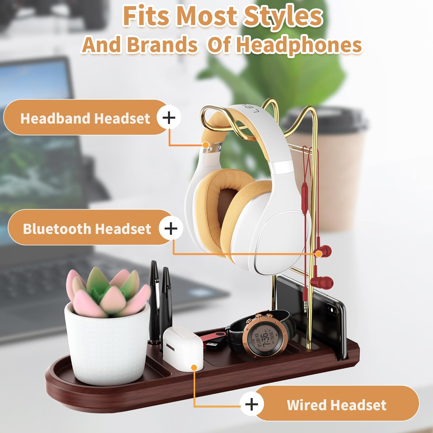 ATSKIM Wooden Headphone Stand for Desk, Headset Holder with Storage Base, Game Controller and Headset Stand for Airpod Max and More, Desktop Headphone Hanger for Gaming, Office (Gold) image number 5
