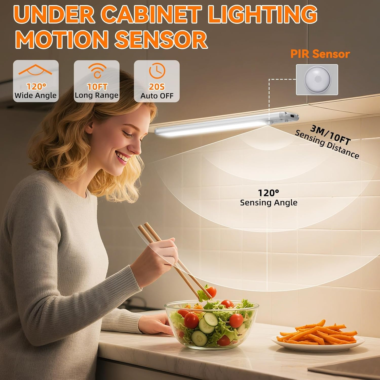 2 Pack Rechargeable under Cabinet Lighting, Indoor Motion Sensor Light, 3 Color &Dimmable Magnetic Closet Lights, 1500Ah Wireless Cabinet Lights for Kitchen, Shelf, Pantry, Hallway(24Cm) image number 6