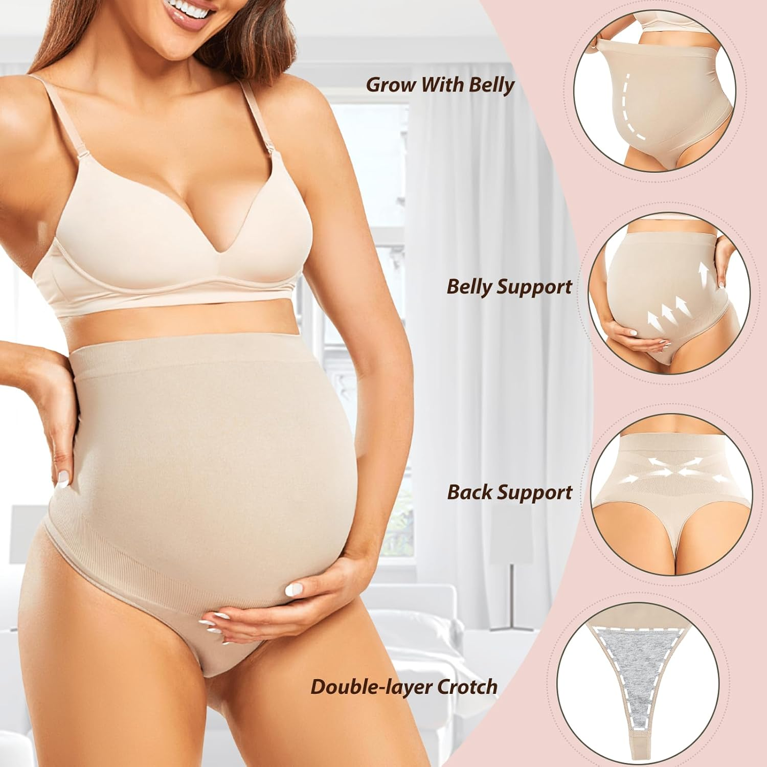 Maternity Underwear Thong over Bump - Pregnancy Shapewear over Belly Support Seamless Pregnant Panties for Women image number 3