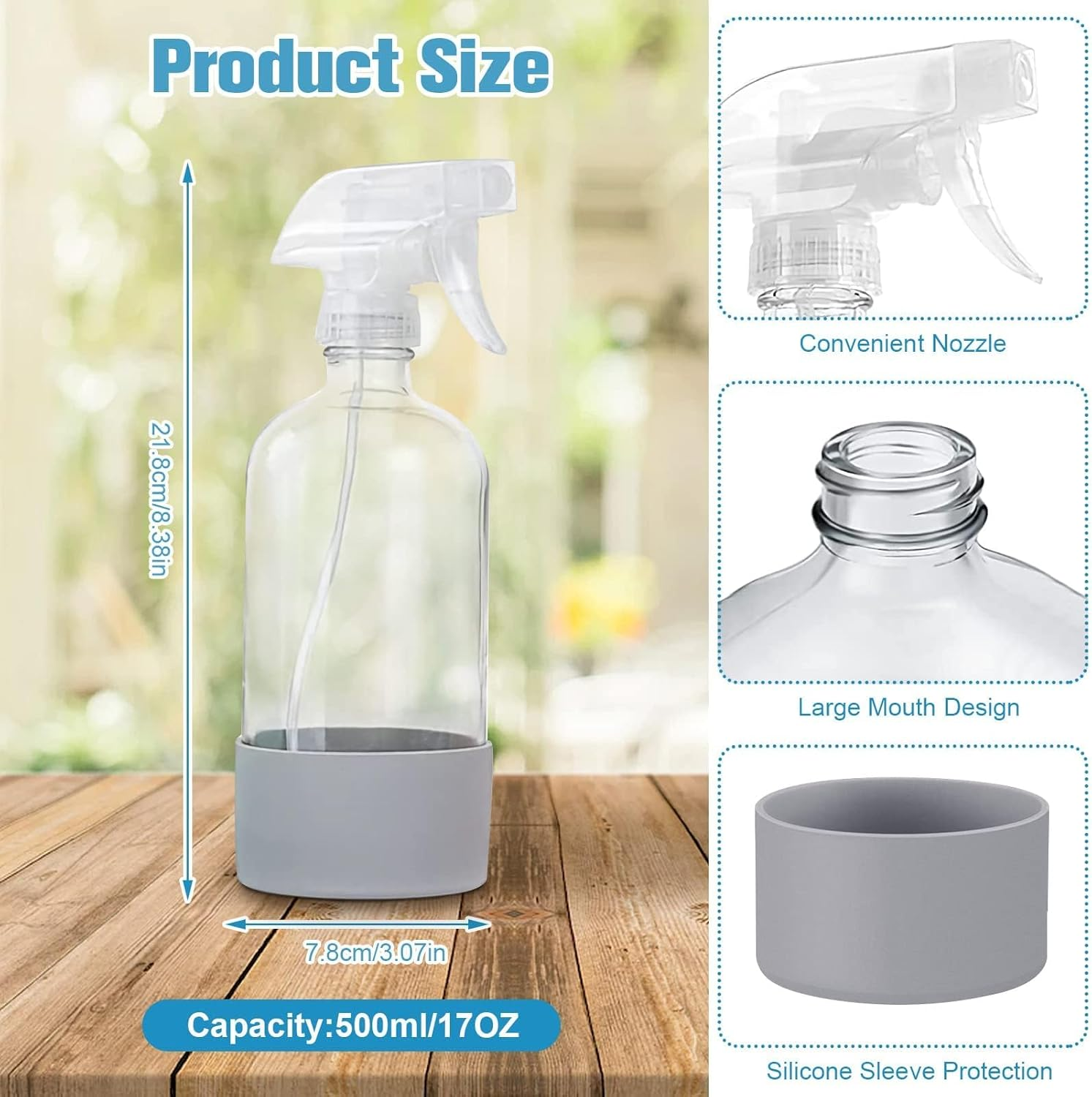 Glass Spray Bottles with Silicone Sleeve, 500Ml, 3-Pack, Blue and Pink (Blue, Pink, Transparent Yellow) image number 1