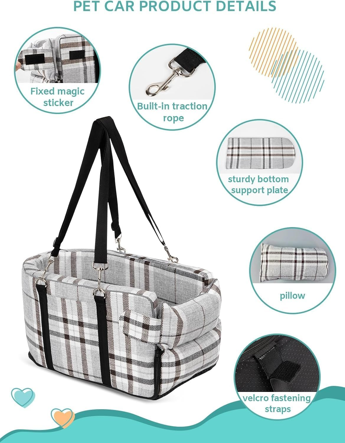 Pet Car Seat for Small Dogs and Puppies &ndash; Anti-Collapse Center Console Seat with Soft Cushion and Safety Belt, Portable Armrest Seat for Pets up to 7 Kg (Grid-Grey)