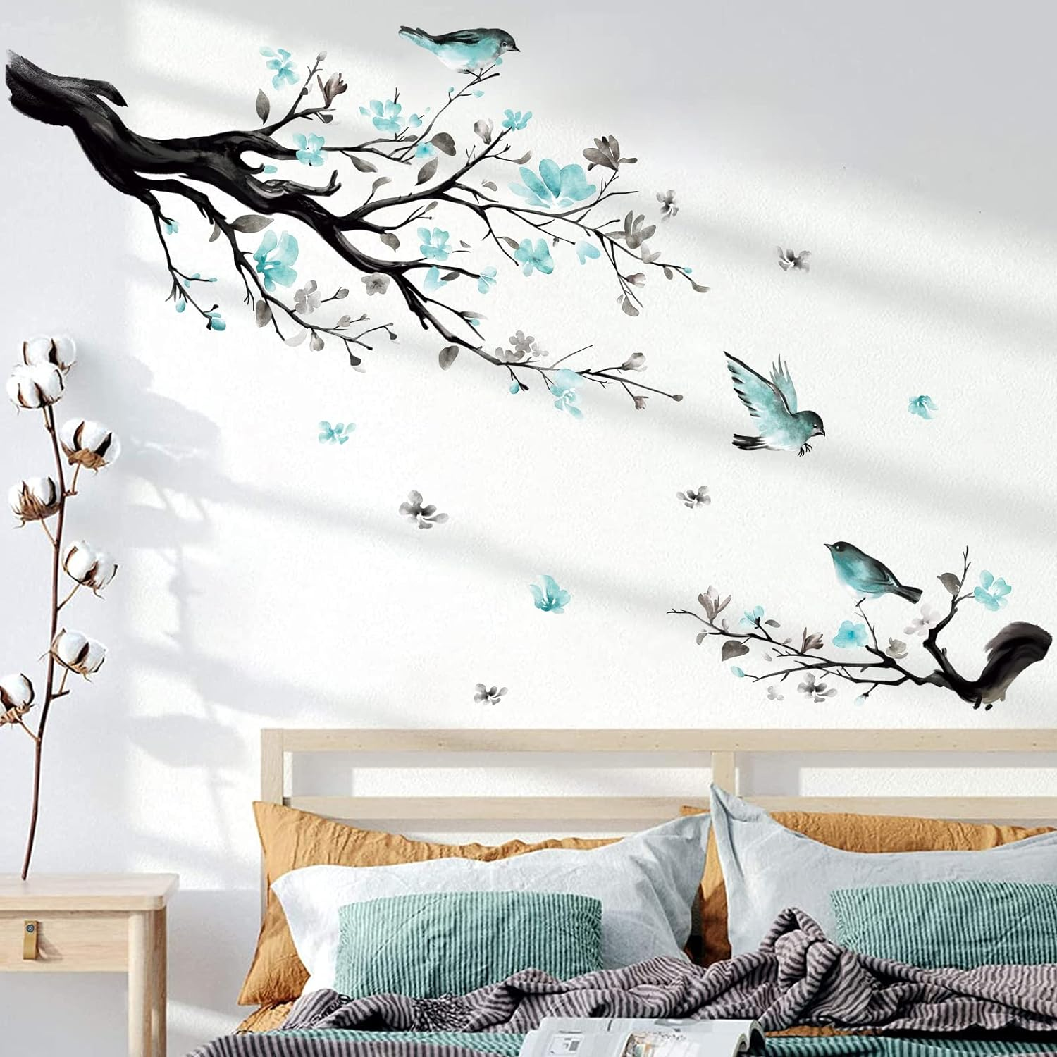 Decalmile Watercolor Blue Flower Wall Decals Blossom Bird Tree Branch Wall Stickers Living Room Sofa TV Background Wall Decor image number 2
