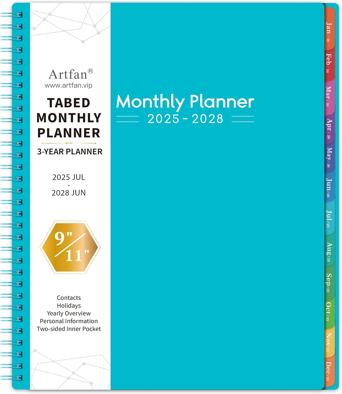 2025-2028 Monthly Planner/Calendar - 3 Year Monthly Planner 2025-2028, Jul.2025 - Jun.2028, 9" X 11", 36-Month Calendar + Colorful Tabs + Pocket - Teal