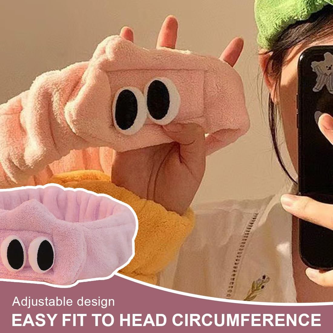 QOWIJEX Set of 3 Hair Band Cosmetic with Wrist Set Face Headband Wrist Wash Bands Set Soft Makeup Hair Band Elastic Wrist Sweatband for Women Girls (Pink) image number 3