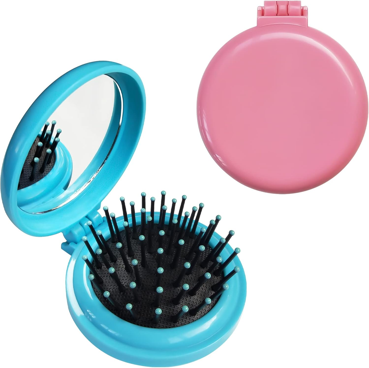 Folding Hair Brush with Mirror for Purse/Pocket,Round Mini Compact Massage Comb for Girls and Women (Black+White)