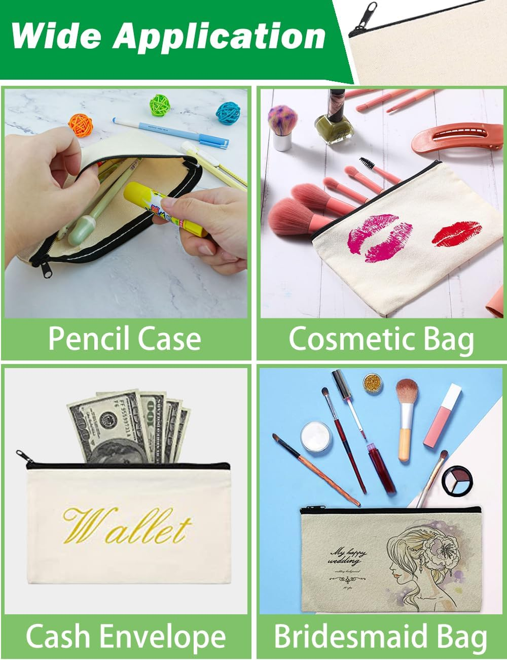 60 PCS Blank DIY Craft Pencil Bag, Canvas Zipper Pouch Bags, Storage Bag Pencil Case, Graffiti Stationery Bag, Multi-Purpose Cosmetic Bag, Makeup Bags to Store Personal Belongings for Work and Travel image number 2