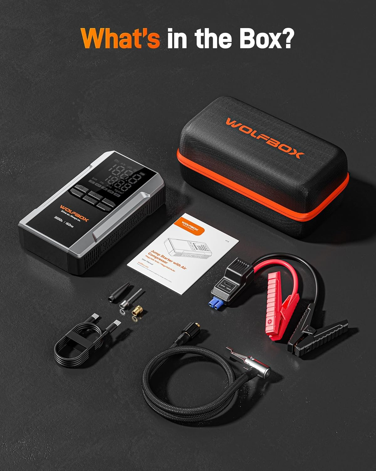 WOLFBOX Portable Car Battery Jump Starter with Air Compressor 3000A, 160PSI, 65W Quick Charge, 12V Battery Pack (8L Gasoline and 6L Diesel Engines), with Boost, Light and Jumper Cables image number 3