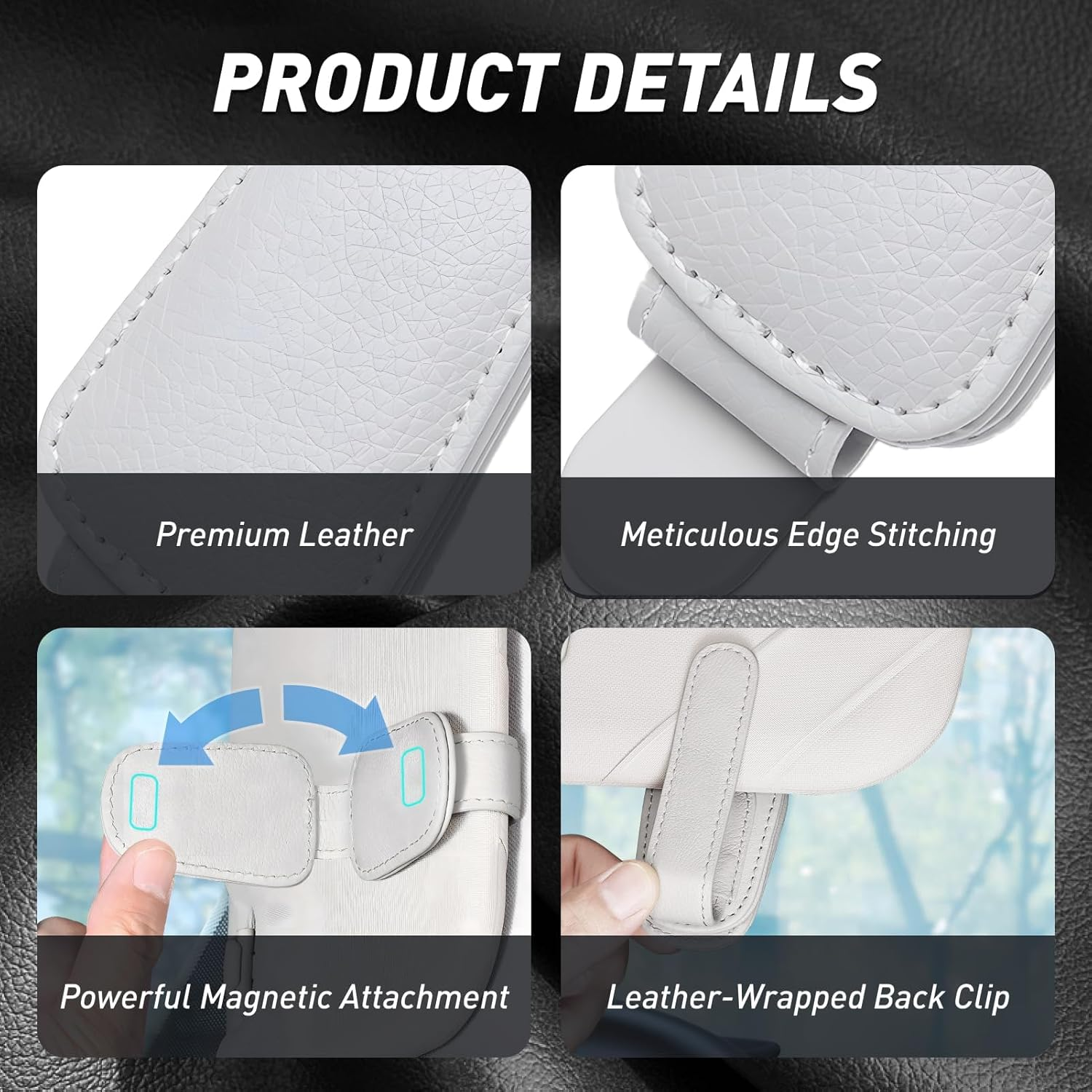 2 Pcs Genuine Leather Sunglass Holder for Car Sun Visor, Stylish Glasses Clip for Cars and Suvs, Car Accessories for Easy Storage and Protection of Sunglasses Grey image number 2