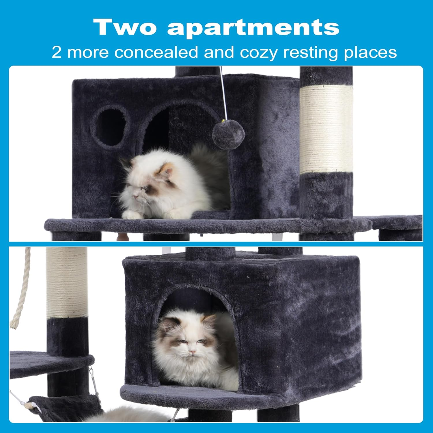 Hey-Brother Large Multi-Level Cat Tree Condo Furniture with Sisal-Covered Scratching Posts, 2 Bigger Plush Condos, Perch Hammock for Kittens, Cats and Pets Smoky Gray MPJ020G - Beige image number 3