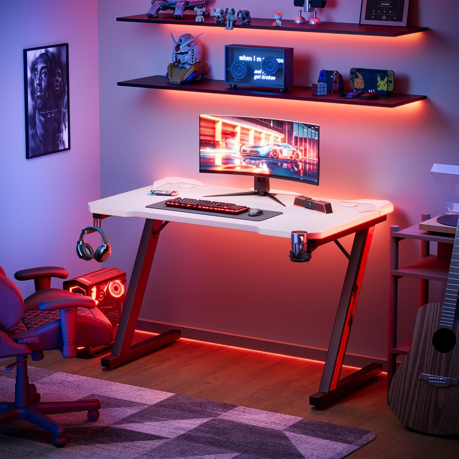 Furmax Gaming Desk Computer Desk Z-Shaped Gaming Table with Carbon Fibre Surface Home Office Desk PC Workstation Desk with Cup Holder, Headphone Hook Modern Style Desk (White, 44 Inch) image number 1