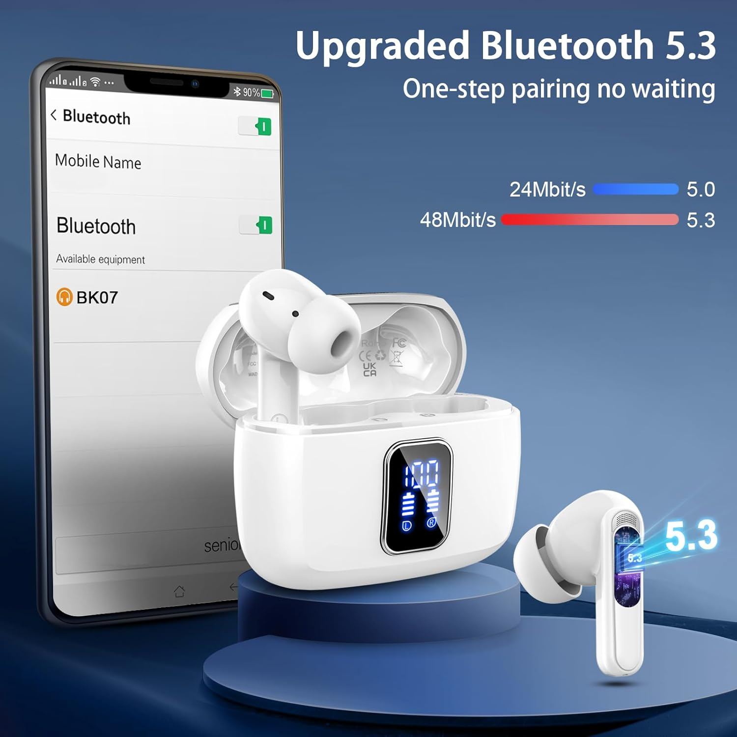 Wireless Earbuds Bluetooth 5.3, 4 ENC Noise Cancelling in Ear Headphones with 48H Playtime, IPX7 Waterproof, LED Display, Comfort Fit for Sports, Moon White image number 6