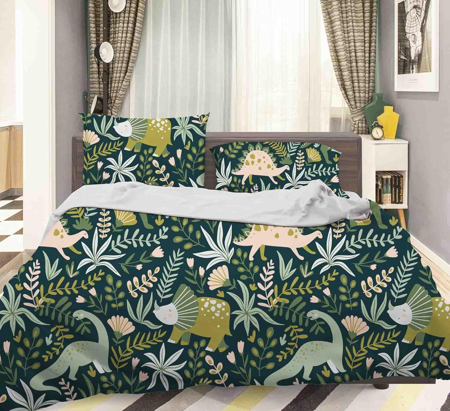 3D Green Animal Dinosaur Leaf Quilt Cover Set Bedding Set with Pillowcases, Single/Double/Queen/King Size (Single) image number 1