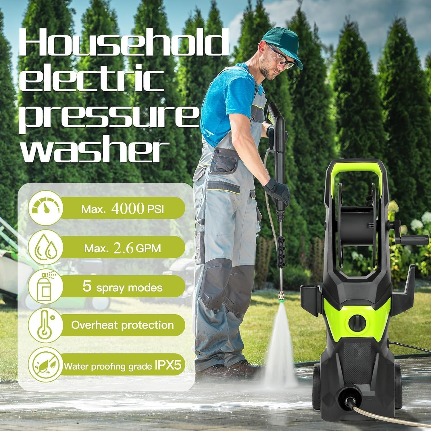 4000PSI Electric Pressure Washer, 3000W Power Washer with Spray Gun/Wheels/Foam Cannon/Water Pump Hose, Electric Power Cleaner Machine for Cars/Fences/Driveways/Patios/Home Cleaning (Green)