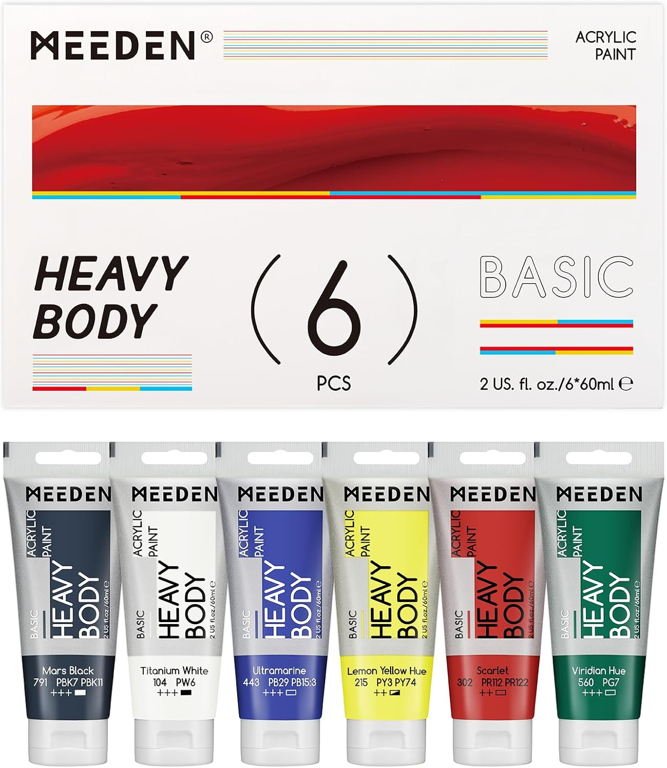 MEEDEN Heavy Body Acrylic Paint - Basic 24 X 60Ml (2 Oz) Color Paint Set for Adults - Rich Pigment Art Craft Paints for Canvas Rock Wood